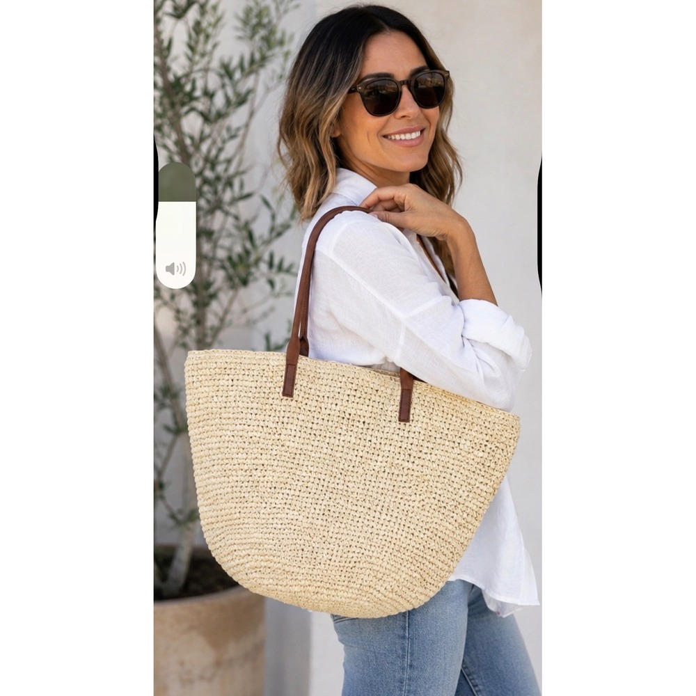 Buji Baja Women 100% paper Tote Bag Woven Raffia Beach Shoulder Bag Tan Br Large